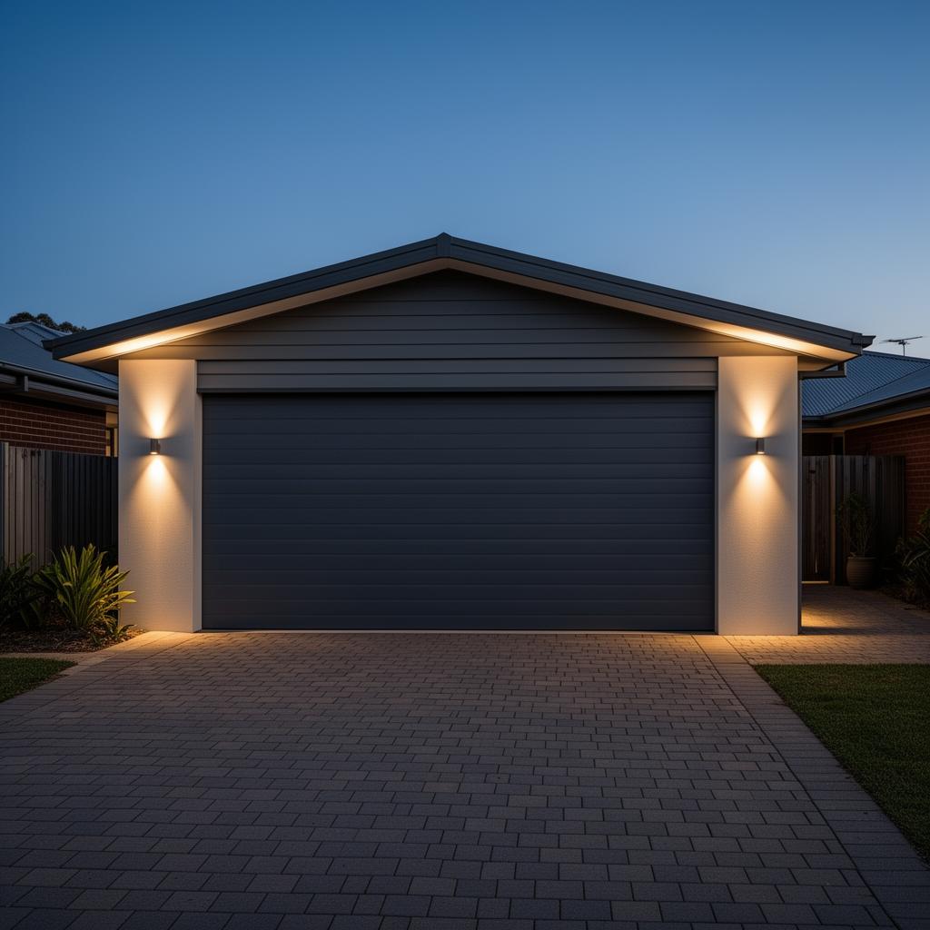 Modern double sectional garage door installed by Limitless on a Toowoomba home at twilight
